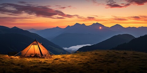 Fototapeta na wymiar Outdoor travel and adventure. Camping lifestyle in mountains. Tent and landscape background