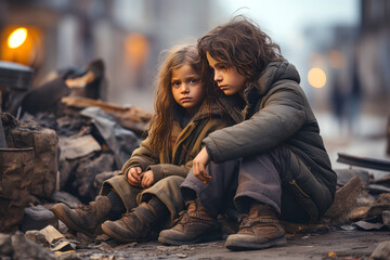 children refugees sitting on the street with a serious expression. Created with AI.