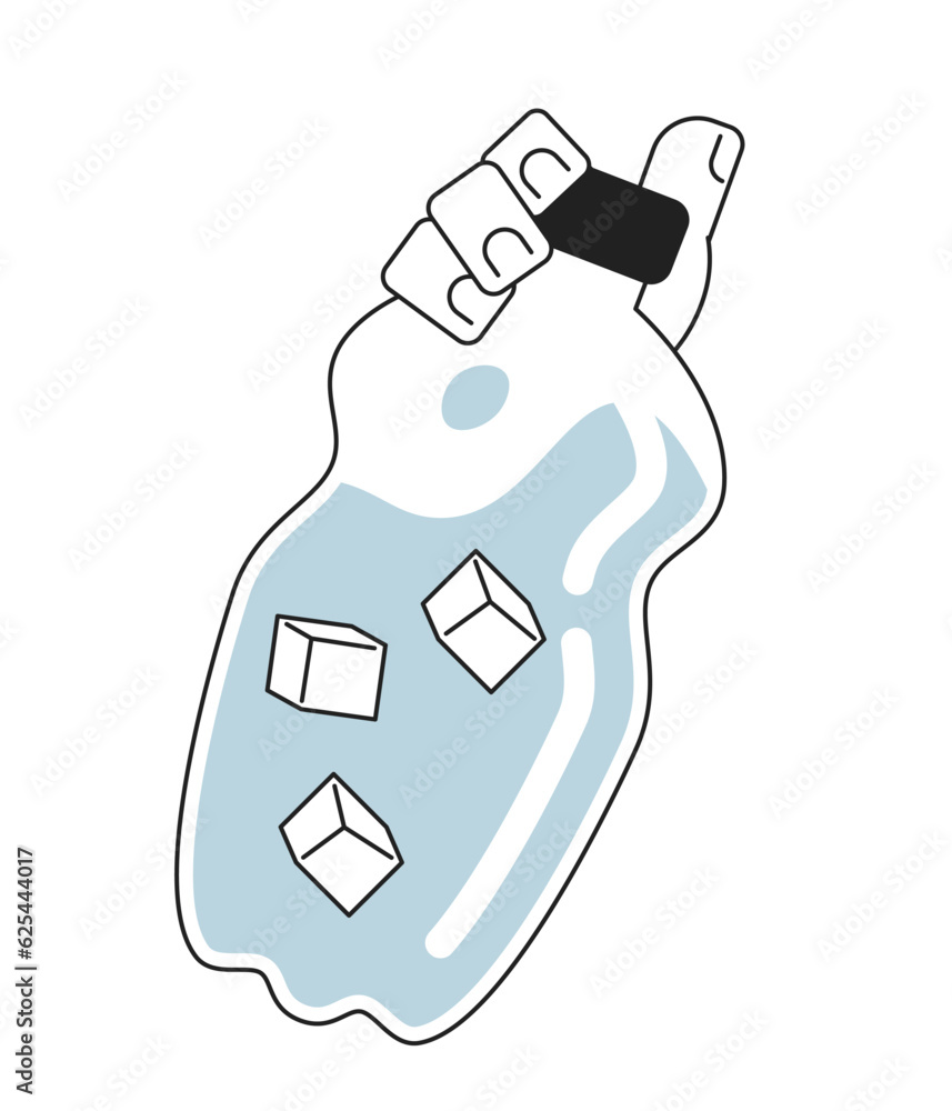 Poster water bottle holding monochromatic flat vector character hand. hydration summer. ice cubes in water.