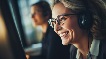 Happy working customer service call center woman