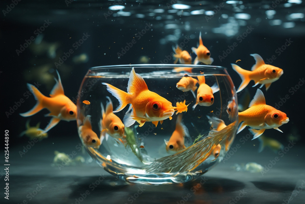 Wall mural Goldfish swimming in a glass fishbowl underwater with generative AI