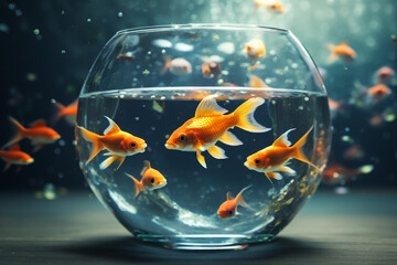 Naklejka na ściany i meble Goldfish swimming in a glass fishbowl underwater with generative AI