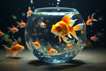 Fototapeta na wymiar Goldfish swimming in a glass fishbowl underwater with generative AI