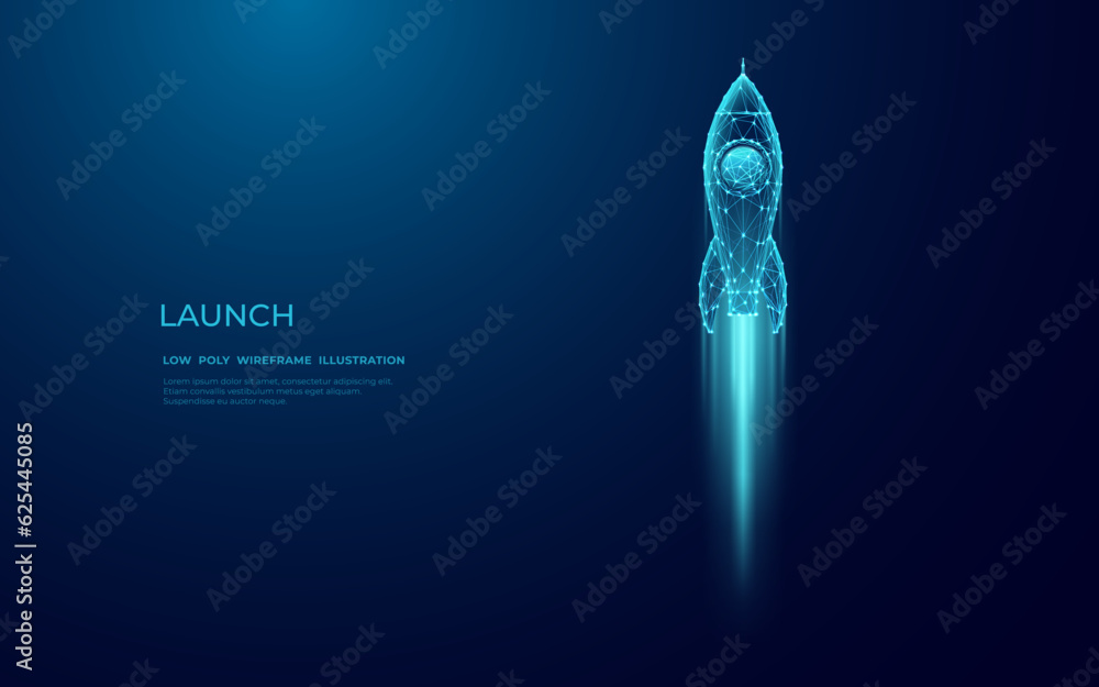 Aufkleber Digital rocket launch into outer space. Boosting and takeoff career concept. Abstract spaceship in blue on technological background. Low poly wireframe vector illustration with 3D effect.