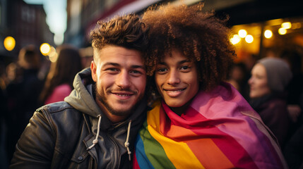 Couple on lgtbq gay pride rainbow flag. Generative Ai