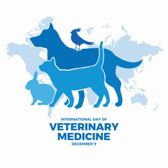International Day of Veterinary Medicine vector illustration. Dog, cat, bunny, bird silhouette icon vector. Domestic animals together drawing. December 9 every year. Important day