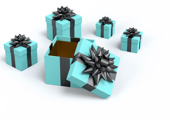 Gift boxes with ribbon and bow for Merry Christmas flying and falling on white