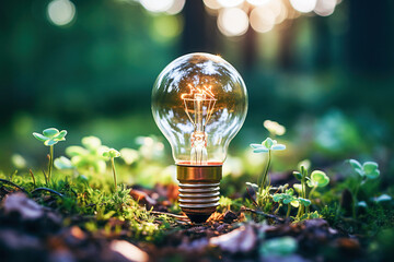 Ai generative.  Lightbulb  in a green environment, idea ecology, environment, nature