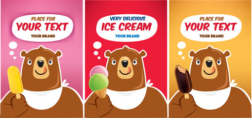 cartoon funny bear holding different ice cream with place for your text

