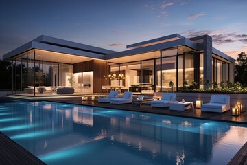 A modern luxury dwelling features a patio where an illuminated swimming pool takes center stage, casting a captivating glow during the evening hours.