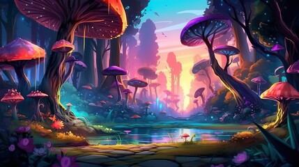 Abstract background magical forest. A captivating banner design with an enchanting illustration, depicting a mystical forest illuminated by neon lights. Generative AI.