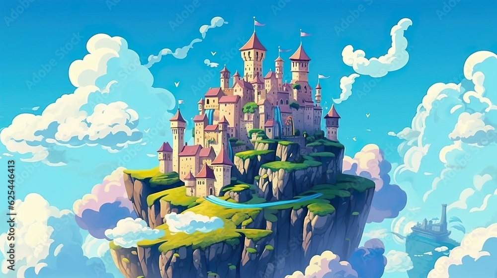 Poster abstract background castle in the clouds. illustration in a banner design, capturing the enchantment