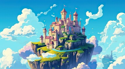 Abstract background castle in the clouds. Illustration in a banner design, capturing the enchantment of a castle suspended in the clouds, surrounded by an ethereal backdrop. Generative AI.