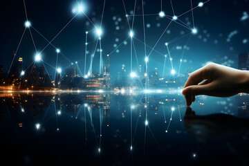 Naklejka premium Human hand touching digital connection concept, dark background. AI generative image