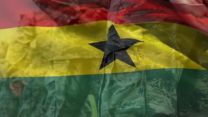 Animation of flag of ghana over diverse male soldiers - Powered by Adobe