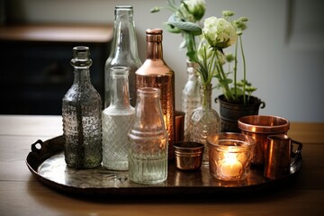 Obraz na płótnie Canvas Vintage home decor including old bottles and candles arranged on a vintage copper tray.