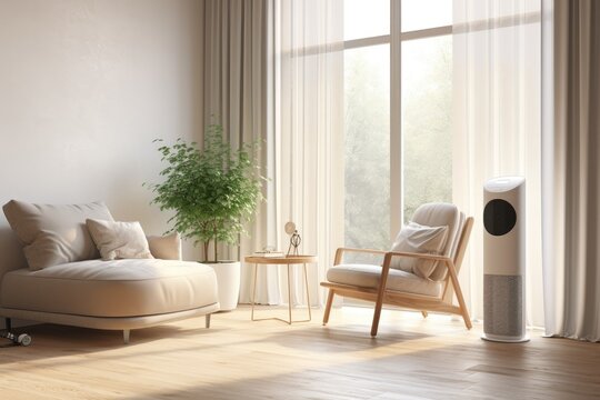 An air purifier installed in a living room acts as an air cleaner by effectively eliminating tiny particles of dust present within a house. Its purpose is to safeguard against PM 2.5 dust and the