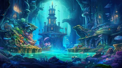 Obraz premium Abstract background Atlantic and underwater world. A mesmerizing banner design featuring an intricately detailed illustration, transporting viewers to a breathtaking underwater realm. Generative AI.