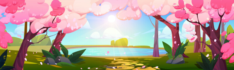 Spring park with sakura and small lake. Vector cartoon illustration of beautiful natural landscape of cherry blossom trees in bloom, pink flower petals in air, sunlight rays over clear blue water