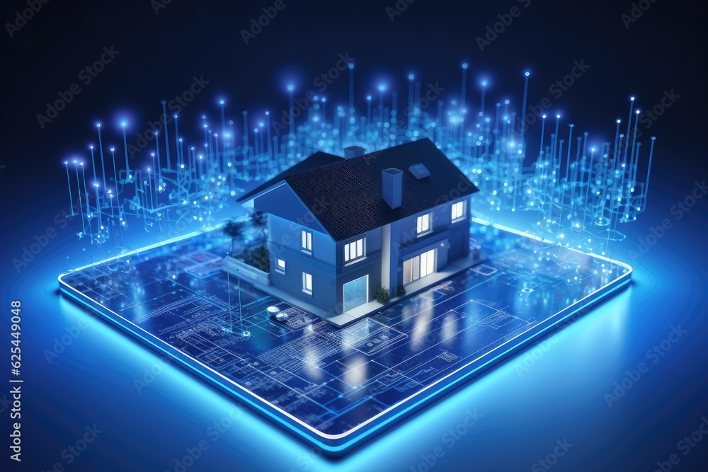 Poster A server for a smart home system is depicted as a blue microcircuit with a house silhouette in the background. The server is connected to various IoT electronics through network cables, and a smart