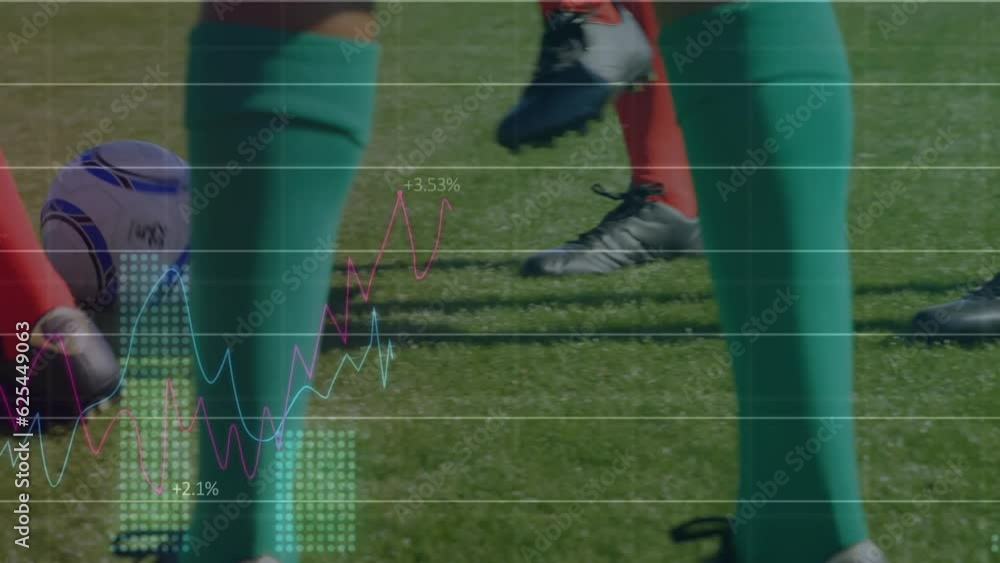 Poster animation of financial data processing over caucasian football player on pitch