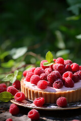 Delicious raspberry tart with cream, powdered sugar and mint leave on green forest background. Advertisement of homemade desserts, cakes and pies. Generative AI