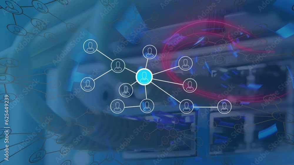 Poster animation of connected icons over looping tunnel against wires connected to back panel of router