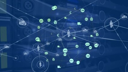 Animation of connected icons over connected icons forming globe against electric equipment