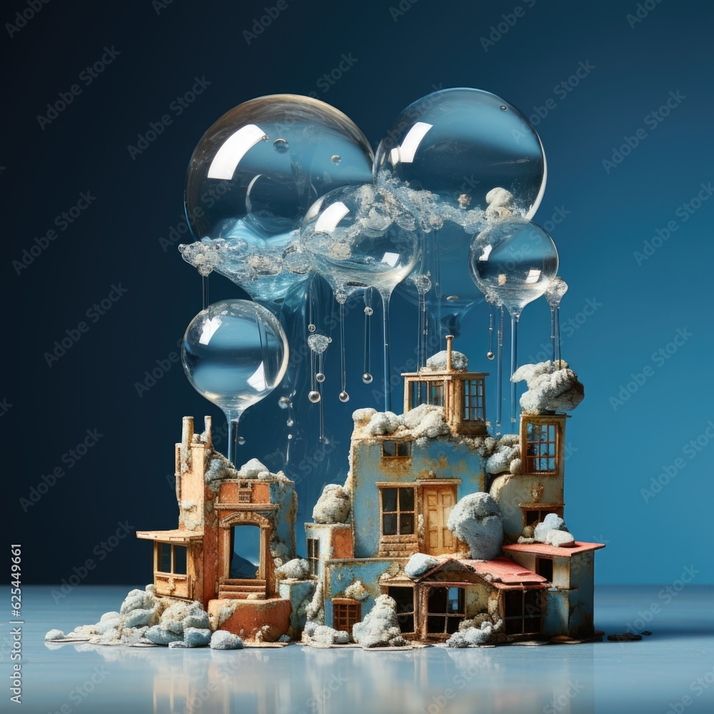Poster a building with a bunch of balloons floating in the air. generative ai. surreal whimsical landscape.