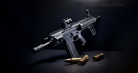 Modern automatic rifle with a silencer and a collimator on black background