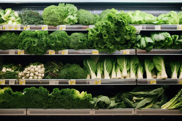 Fresh greens and vegetables on a display in a supermarket . 