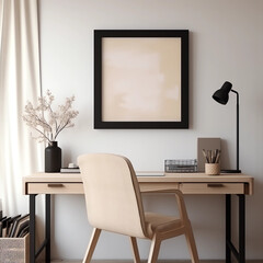 Home office room, modern interior design, wooden desk with black accessories, white minimal walls, home mockup