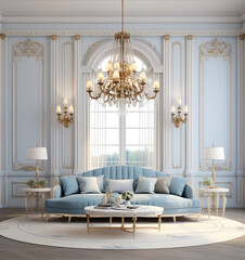 Blue classic luxury sitting room, traditional French home style, interior home mockup