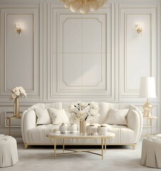 Luxury living room, classic interior design with white walls and golden home accessories, front room mockup