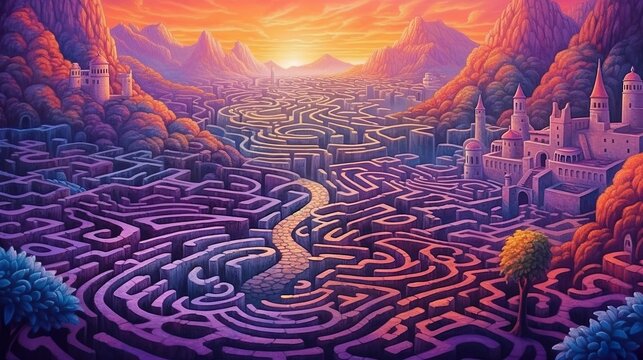 Abstract background labyrinths. A captivating illustration within a banner design, depicting a mesmerizing magic labyrinth against a purple background. Generative AI.