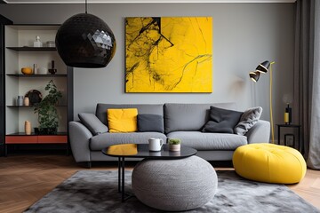 In the living room, there is a grey sofa accompanied by a yellow pouf and a designer chair. The table beneath is adorned with a yellow lamp hanging above it.