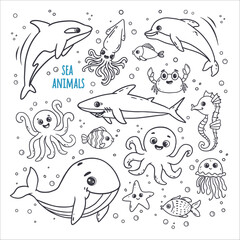 set of cute sea creatures and underwater animals, doodle. Whale, orca, octopus, crab, fish, shark, jellyfish, squid, dolphin in sketch style. Outline. Vector illustration