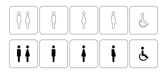 Toilet icon set. Men, women, ladyboys and people with disabilities. Line and solid symbols. New concept art and modern design.