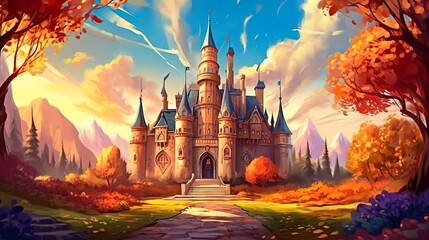 Abstract background magic academy. An artistically rendered illustration in a banner design, showcasing the enchanting atmosphere of a magic academy against a autumn backdrop. Generative AI. - obrazy, fototapety, plakaty