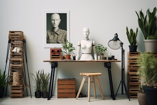 Create a visual representation of contemporary home decor using a camera, mannequin, and indoor plant. Showcased alongside is an artists workspace that provides a blank area to exhibit various