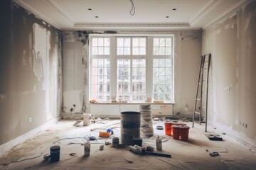 A room is currently undergoing renovation in a sophisticated apartment, ready for relocation. It features a paint bucket and walls that have been flattened with drywall. - obrazy, fototapety, plakaty