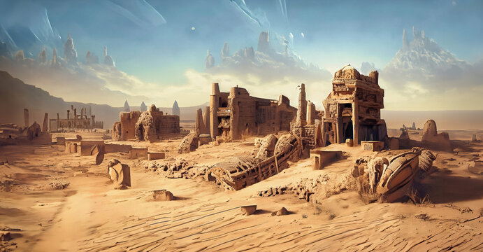 illustrazione di paesaggio desertico con rovine di antica città, nuvole in un cielo azzurro, Generative Ai