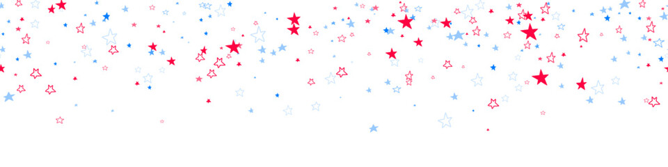 Red, blue stars flying on white. Concept in colors flag of USA, Chile, France, Netherland, Australia, United Kingdom. American Independence Day or President Day backdrop. Vector seamless