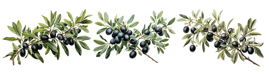 Watercolor black olive branch isolated on transparent background. Generative AI