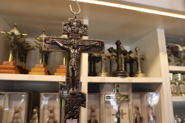 Religious Christian Cross souvenirs Gold and Silver Orthodox Icons like Jesus, Mary, the apostles at House of Virgin Mary