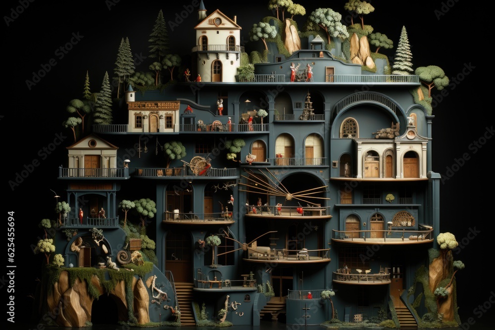 Poster a model of a building with a lot of people on it. generative ai.