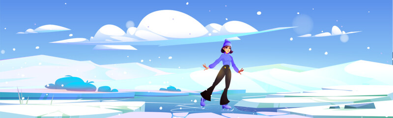Obraz premium Active young woman ice skating outdoors. Vector cartoon illustration of female character enjoying sports hobby on frozen lake surrounded by snow white hills, clouds in blue sky, scandinavian landscape