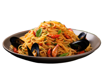 spaghetti with seafood , Transparent background. generative AI