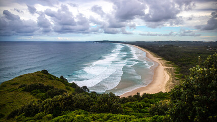 panorama of tallow beach in byron bay, new south wales, australia; unique landscape of the pacific...