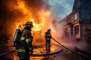 Obraz premium Firefighters extinguishing a residential fire